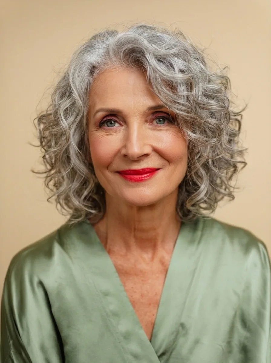 Voluminous Curly Layers in Silver Frost
